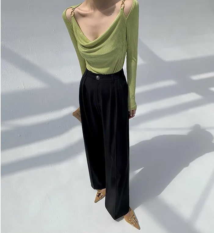 Sexy Swing Collar Cropped Tops Women Autumn  Metal Design Skinny Long Sleeve T-Shirt Outwear