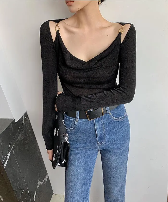 Sexy Swing Collar Cropped Tops Women Autumn  Metal Design Skinny Long Sleeve T-Shirt Outwear