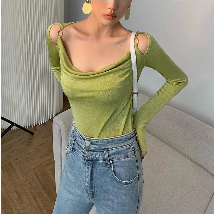 Sexy Swing Collar Cropped Tops Women Autumn  Metal Design Skinny Long Sleeve T-Shirt Outwear