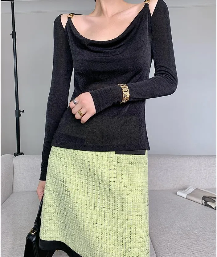 Sexy Swing Collar Cropped Tops Women Autumn  Metal Design Skinny Long Sleeve T-Shirt Outwear