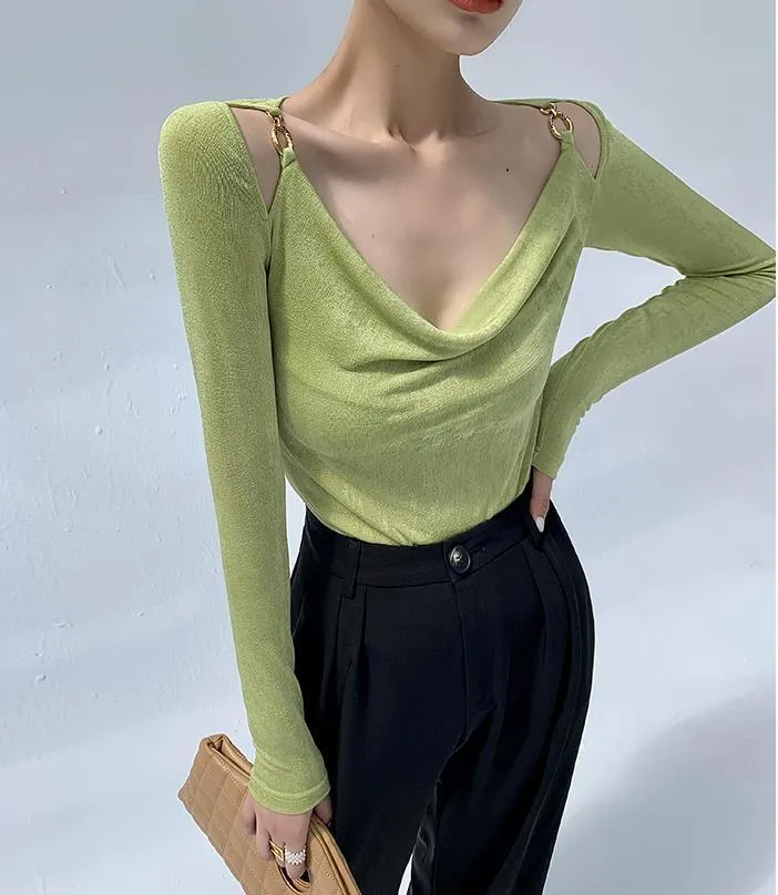 Sexy Swing Collar Cropped Tops Women Autumn  Metal Design Skinny Long Sleeve T-Shirt Outwear