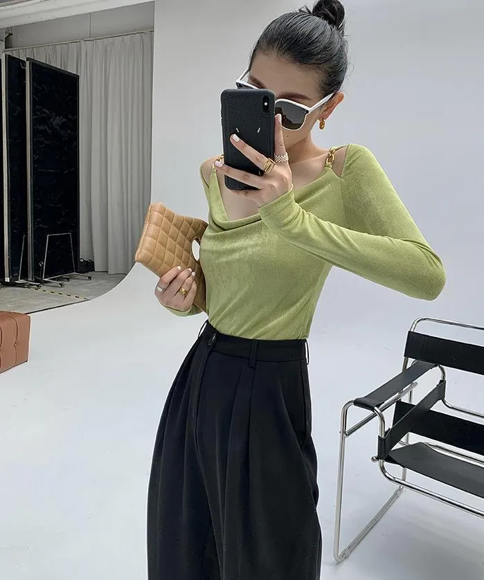 Sexy Swing Collar Cropped Tops Women Autumn  Metal Design Skinny Long Sleeve T-Shirt Outwear
