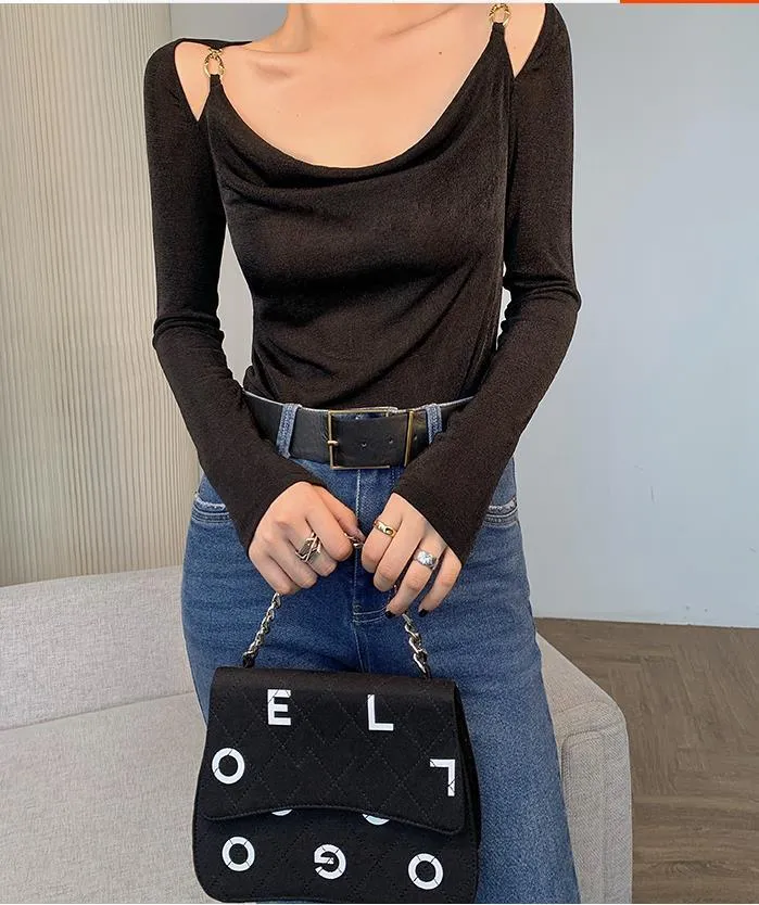 Sexy Swing Collar Cropped Tops Women Autumn  Metal Design Skinny Long Sleeve T-Shirt Outwear