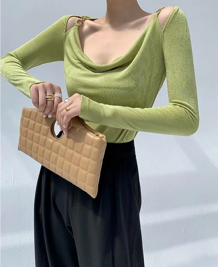 Sexy Swing Collar Cropped Tops Women Autumn  Metal Design Skinny Long Sleeve T-Shirt Outwear
