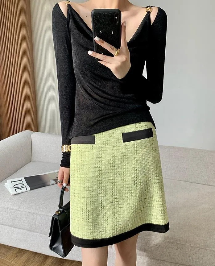 Sexy Swing Collar Cropped Tops Women Autumn  Metal Design Skinny Long Sleeve T-Shirt Outwear