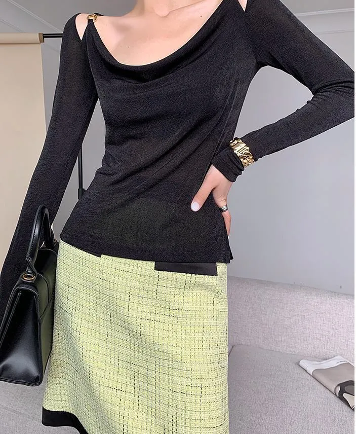Sexy Swing Collar Cropped Tops Women Autumn  Metal Design Skinny Long Sleeve T-Shirt Outwear
