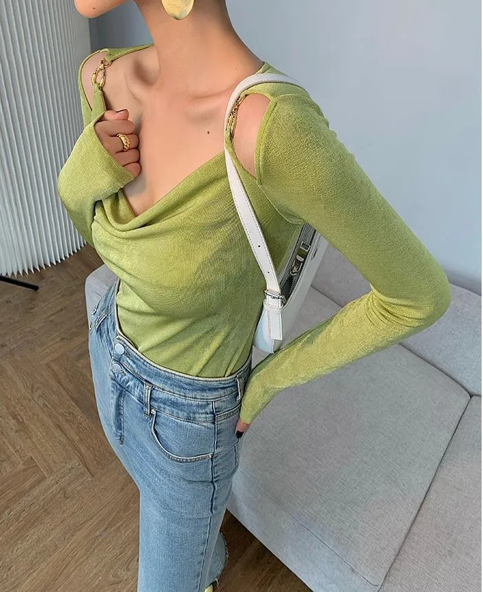 Sexy Swing Collar Cropped Tops Women Autumn  Metal Design Skinny Long Sleeve T-Shirt Outwear