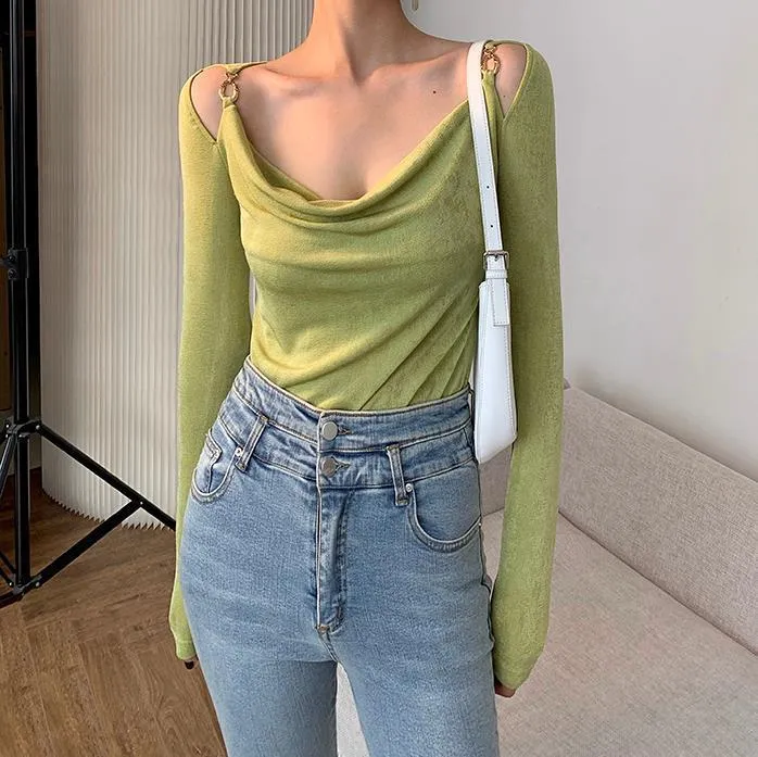 Sexy Swing Collar Cropped Tops Women Autumn  Metal Design Skinny Long Sleeve T-Shirt Outwear