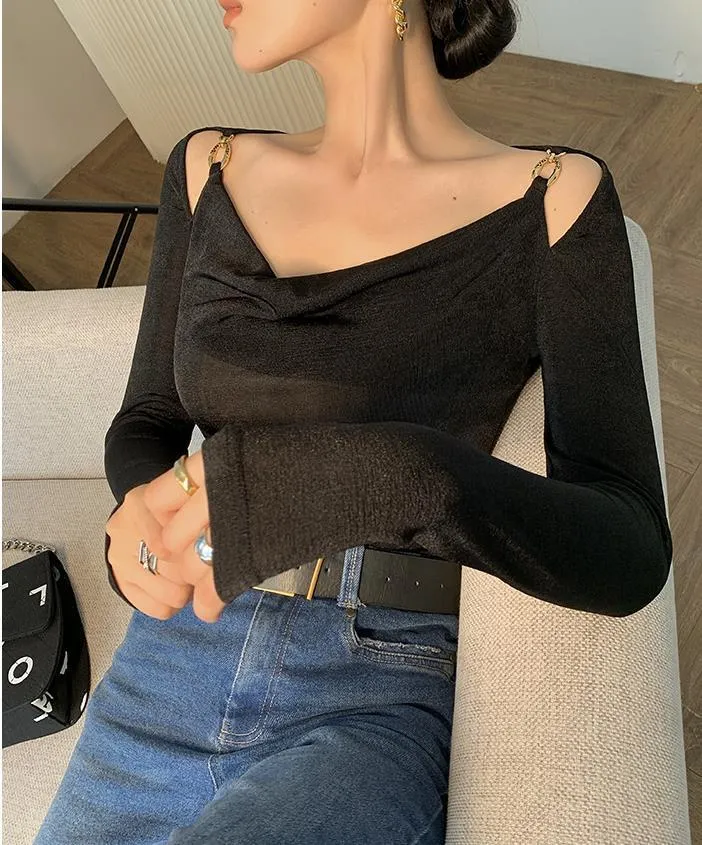 Sexy Swing Collar Cropped Tops Women Autumn  Metal Design Skinny Long Sleeve T-Shirt Outwear