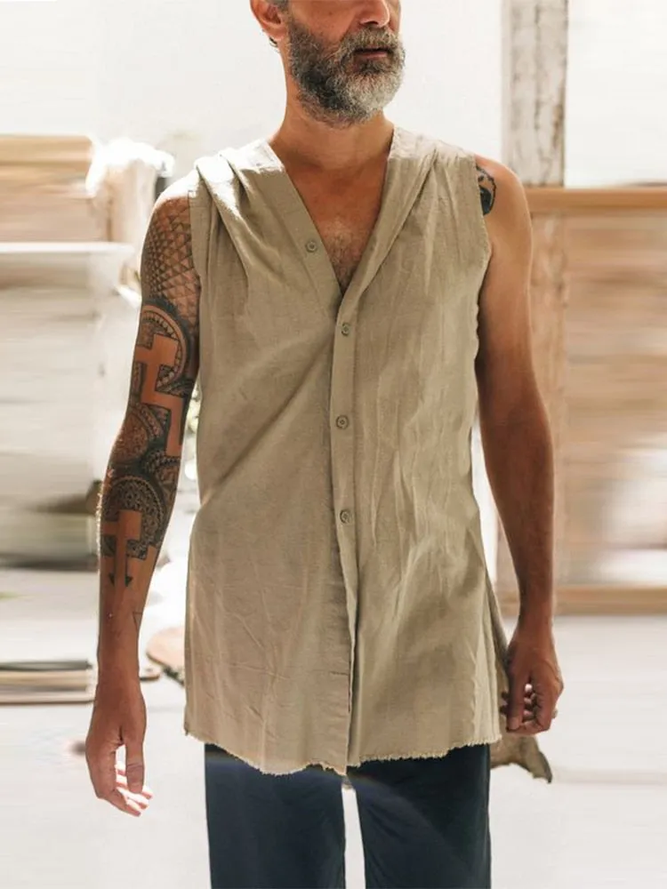 Spring Summer Sleeveless Casual Vest Shirt Men Fashion Hoodie Tank Top Vintage Solid Buttoned Vest Pullover Mens Streetwear
