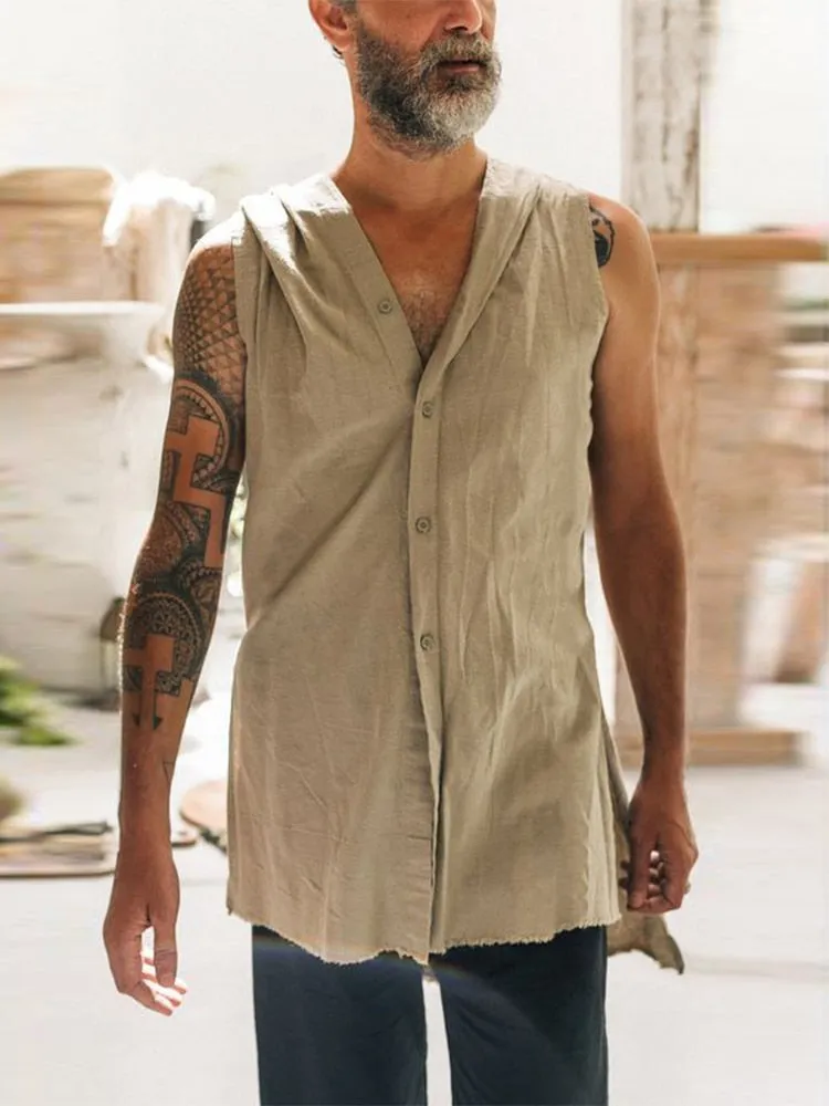 Spring Summer Sleeveless Casual Vest Shirt Men Fashion Hoodie Tank Top Vintage Solid Buttoned Vest Pullover Mens Streetwear