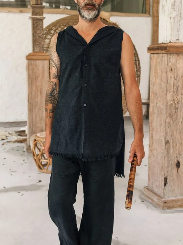 Spring Summer Sleeveless Casual Vest Shirt Men Fashion Hoodie Tank Top Vintage Solid Buttoned Vest Pullover Mens Streetwear