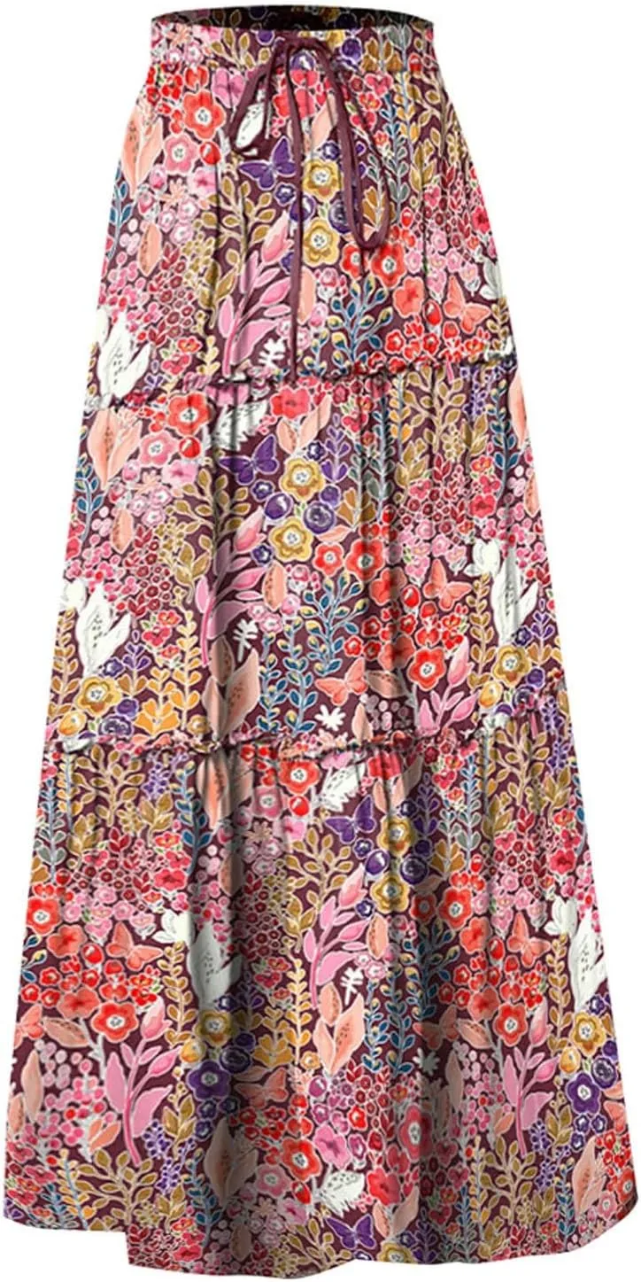 Summer Beach Casual Boho Floral Maxi Skirt Women Elastic High Waist Tiered Pleated Flowy Long Skirt