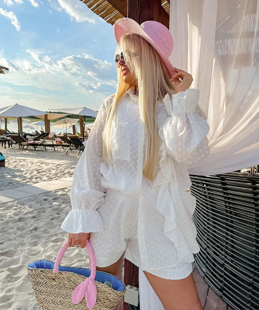 Summer Cotton Ruffle Long Sleeve Shirt and Shorts Set, Women's Loungewear Outerwear Two-Piece