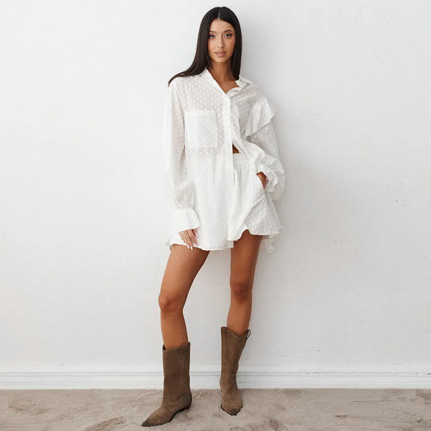 Summer Cotton Ruffle Long Sleeve Shirt and Shorts Set, Women's Loungewear Outerwear Two-Piece