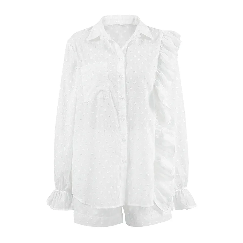 Summer Cotton Ruffle Long Sleeve Shirt and Shorts Set, Women's Loungewear Outerwear Two-Piece