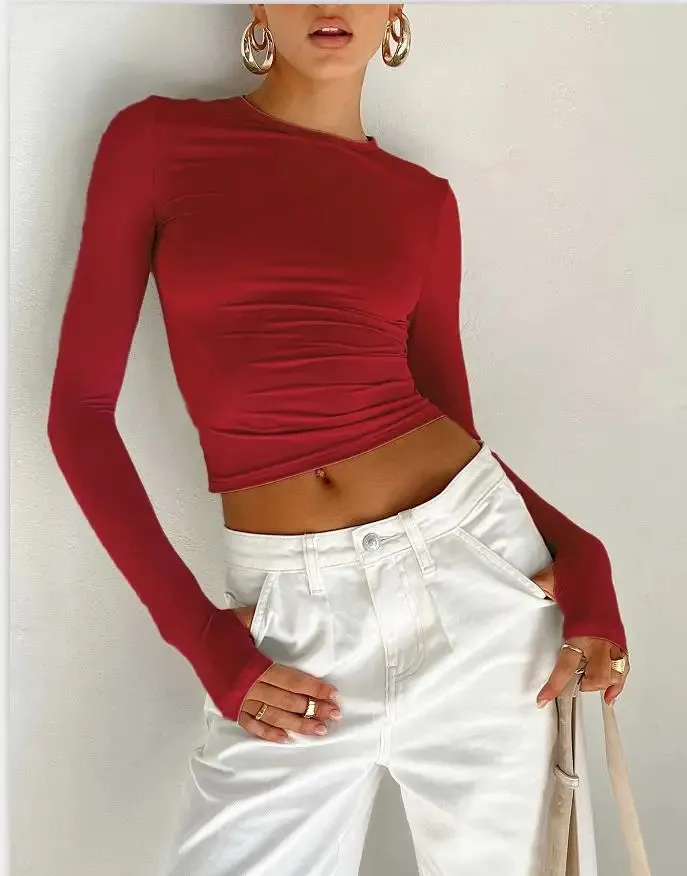 Summer Solid Color Long Crew Slim Ladies Crop Thumb Basics Spring T-shirt