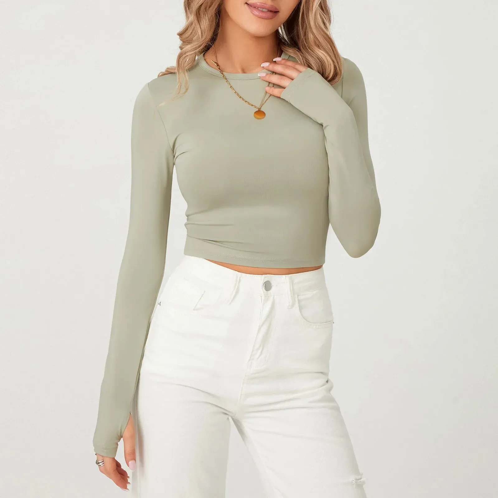 Summer Solid Color Long Crew Slim Ladies Crop Thumb Basics Spring T-shirt