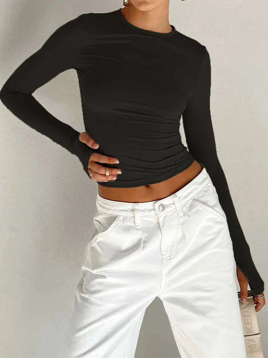 Summer Solid Color Long Crew Slim Ladies Crop Thumb Basics Spring T-shirt