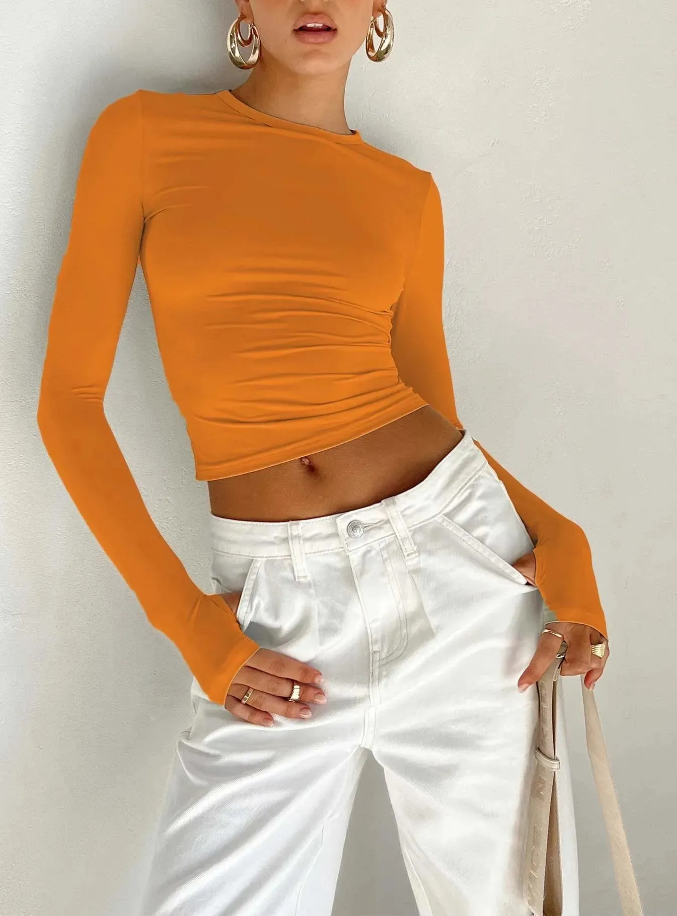 Summer Solid Color Long Crew Slim Ladies Crop Thumb Basics Spring T-shirt
