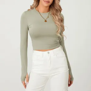 Summer Solid Color Long Crew Slim Ladies Crop Thumb Basics Spring T-shirt
