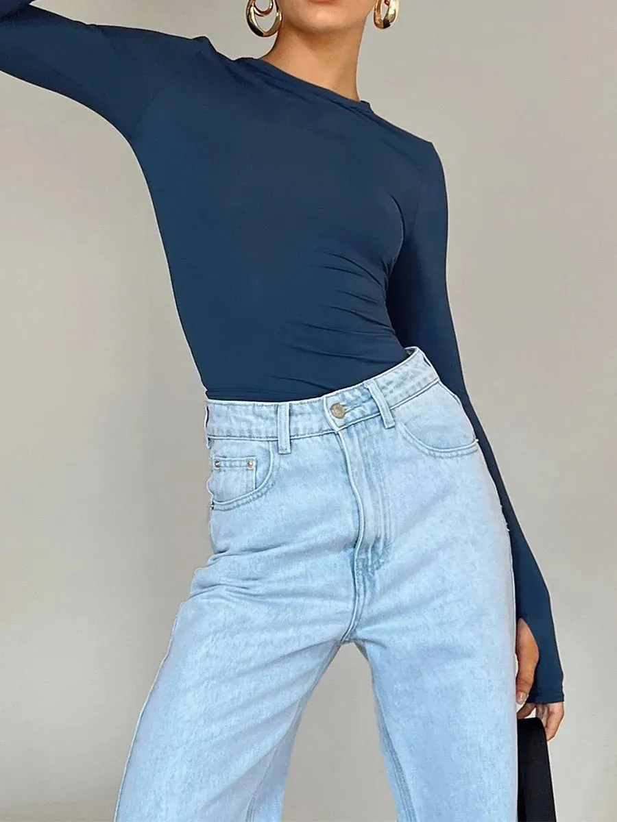 Summer Solid Color Long Crew Slim Ladies Crop Thumb Basics Spring T-shirt