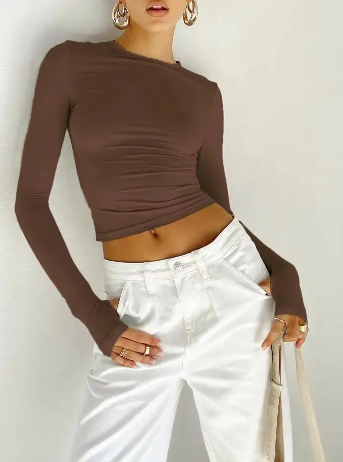 Summer Solid Color Long Crew Slim Ladies Crop Thumb Basics Spring T-shirt