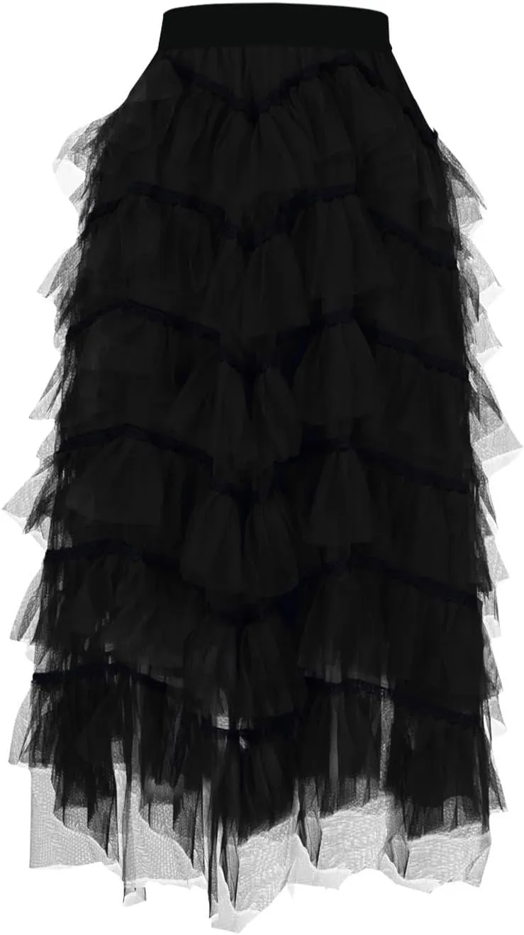 Tulle Skirt for Women Mesh Ballet Party Tutu Skirt Elegant A-Line Midi Skirt Elastic High Waist Tiered Skirts