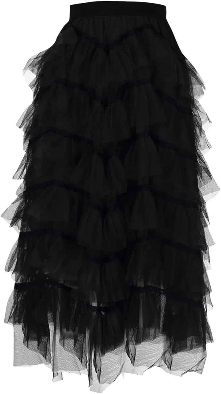 Tulle Skirt for Women Mesh Ballet Party Tutu Skirt Elegant A-Line Midi Skirt Elastic High Waist Tiered Skirts