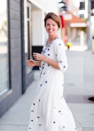 White and Navy Embroidered Maxi Dress - FINAL SALE