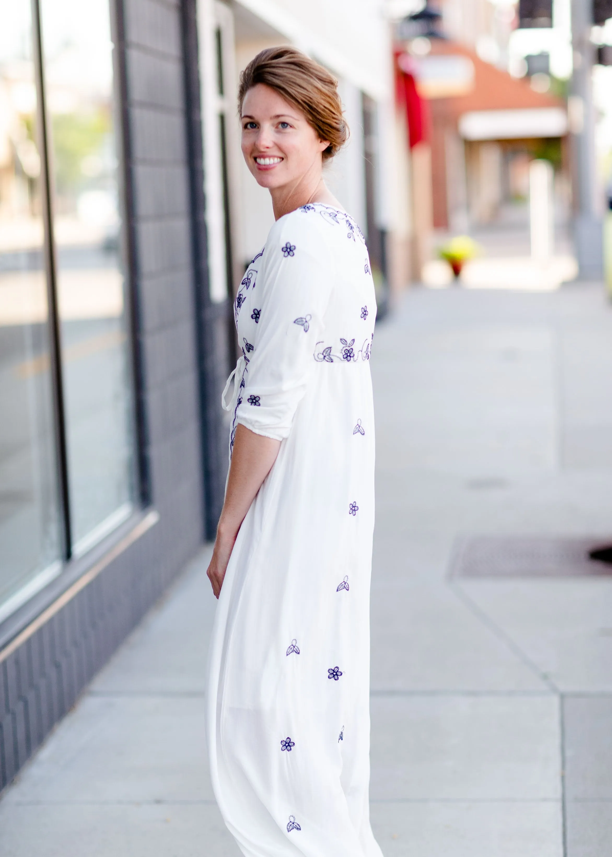 White and Navy Embroidered Maxi Dress - FINAL SALE