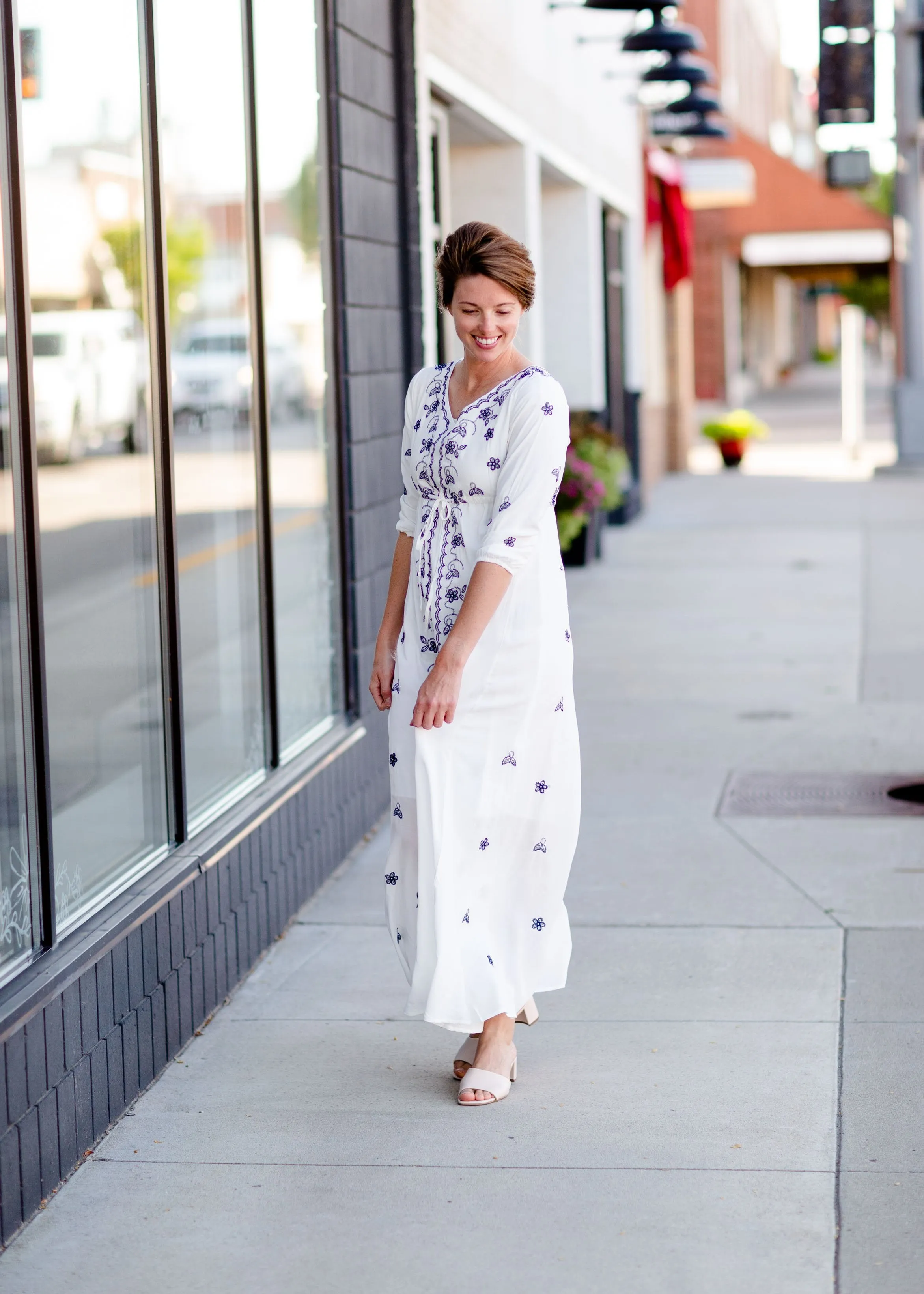 White and Navy Embroidered Maxi Dress - FINAL SALE