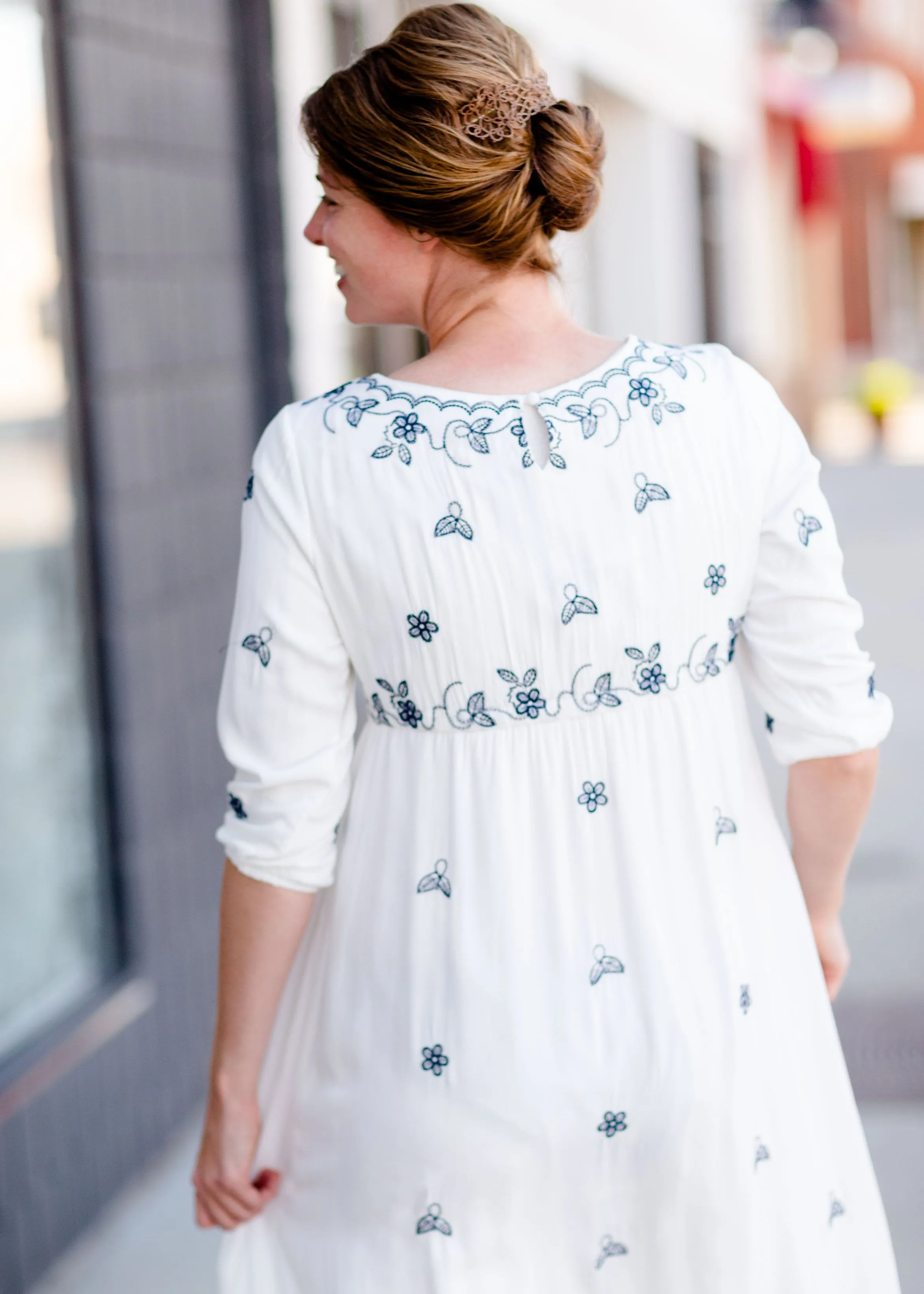 White and Navy Embroidered Maxi Dress - FINAL SALE
