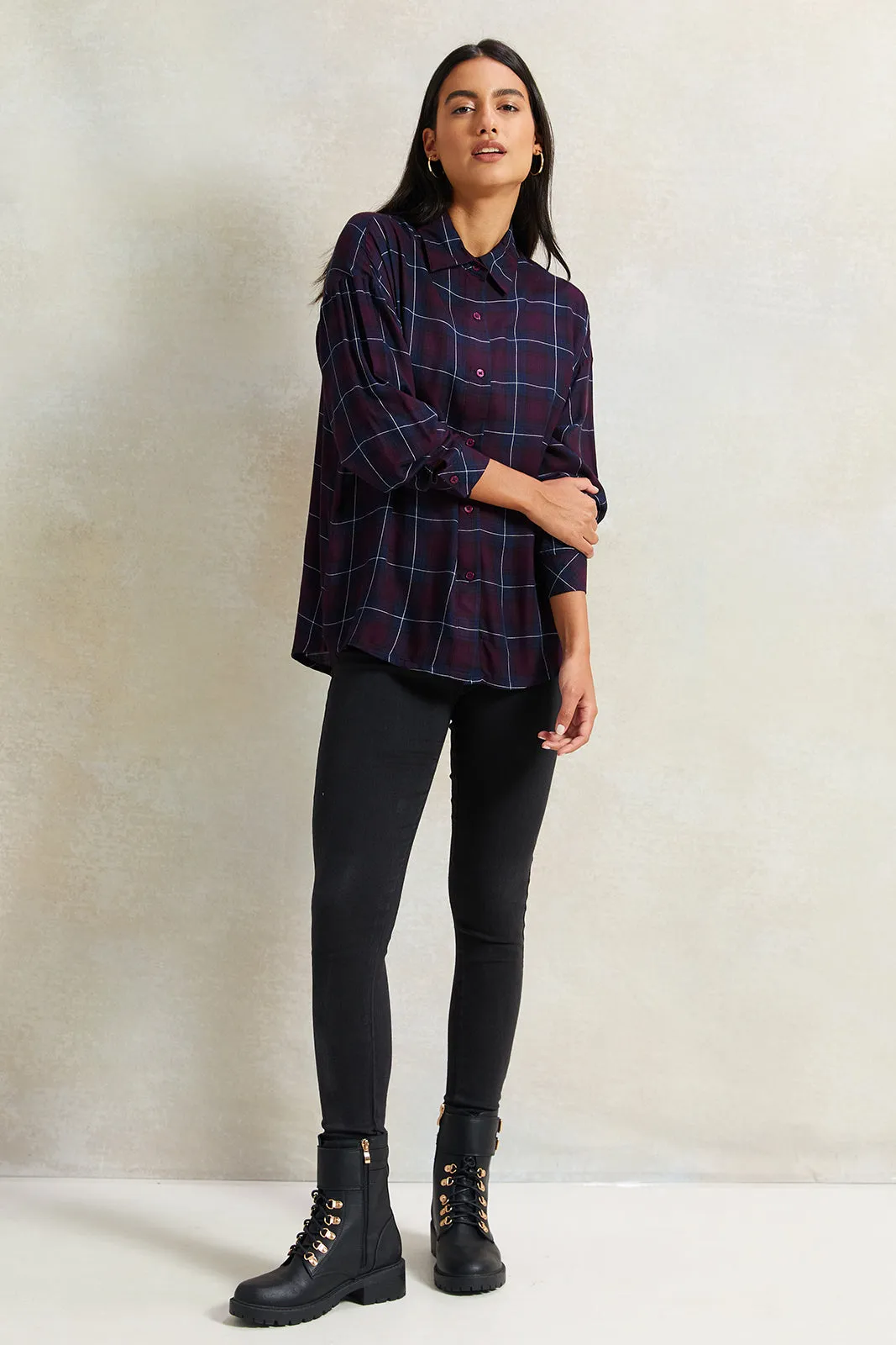 Women Navy Fluid Checkered Shirt
