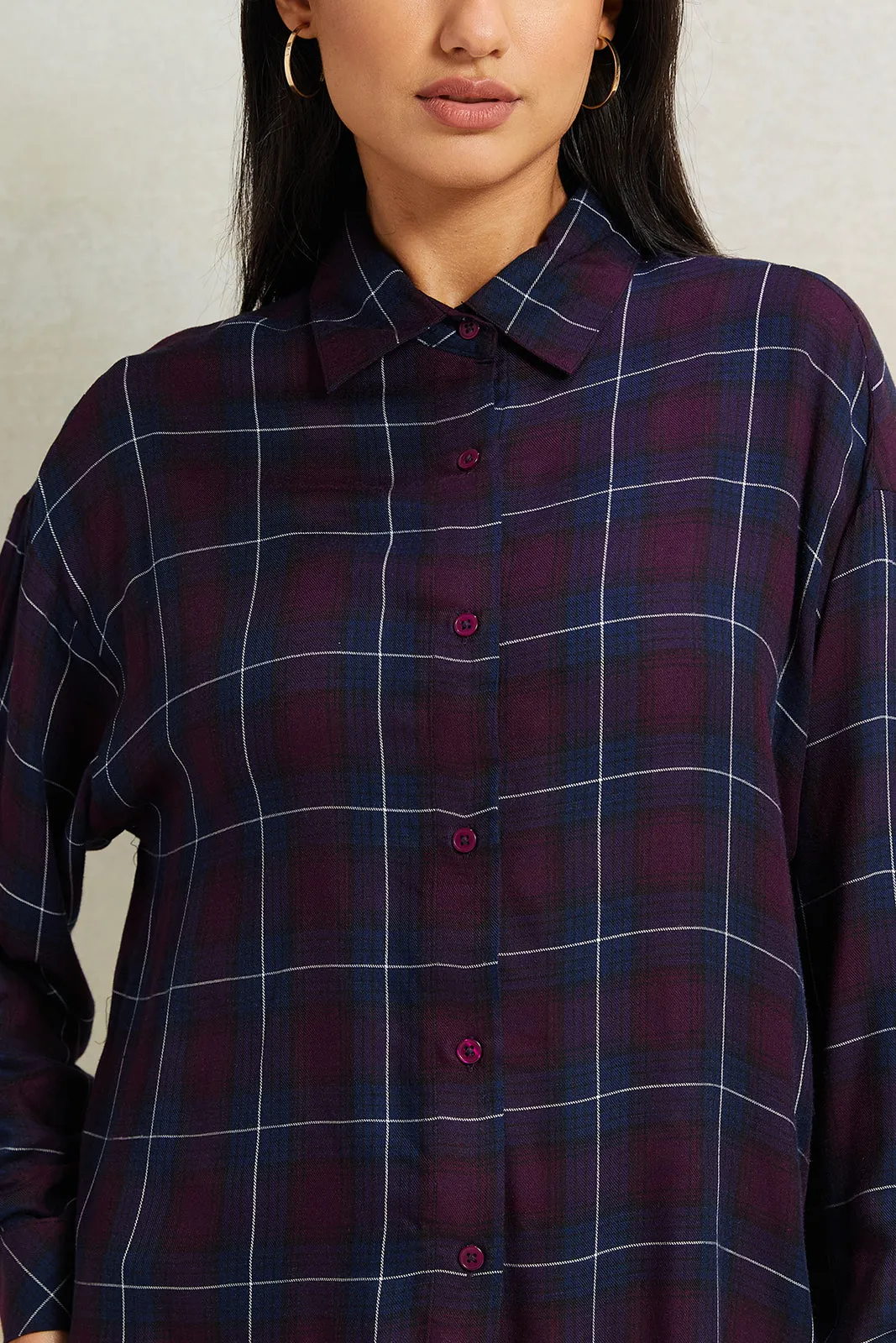 Women Navy Fluid Checkered Shirt