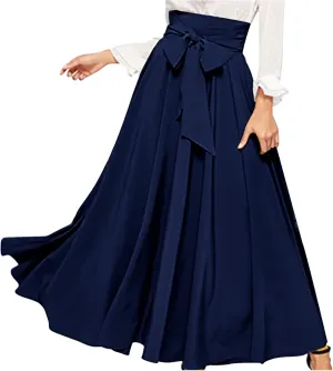 Women Trendy 2024 Bowknot Belt Waist Maxi Skirts Elegant Pleated Wrap Flared Long Swing Skirt Boho Flowy Beach Outfit
