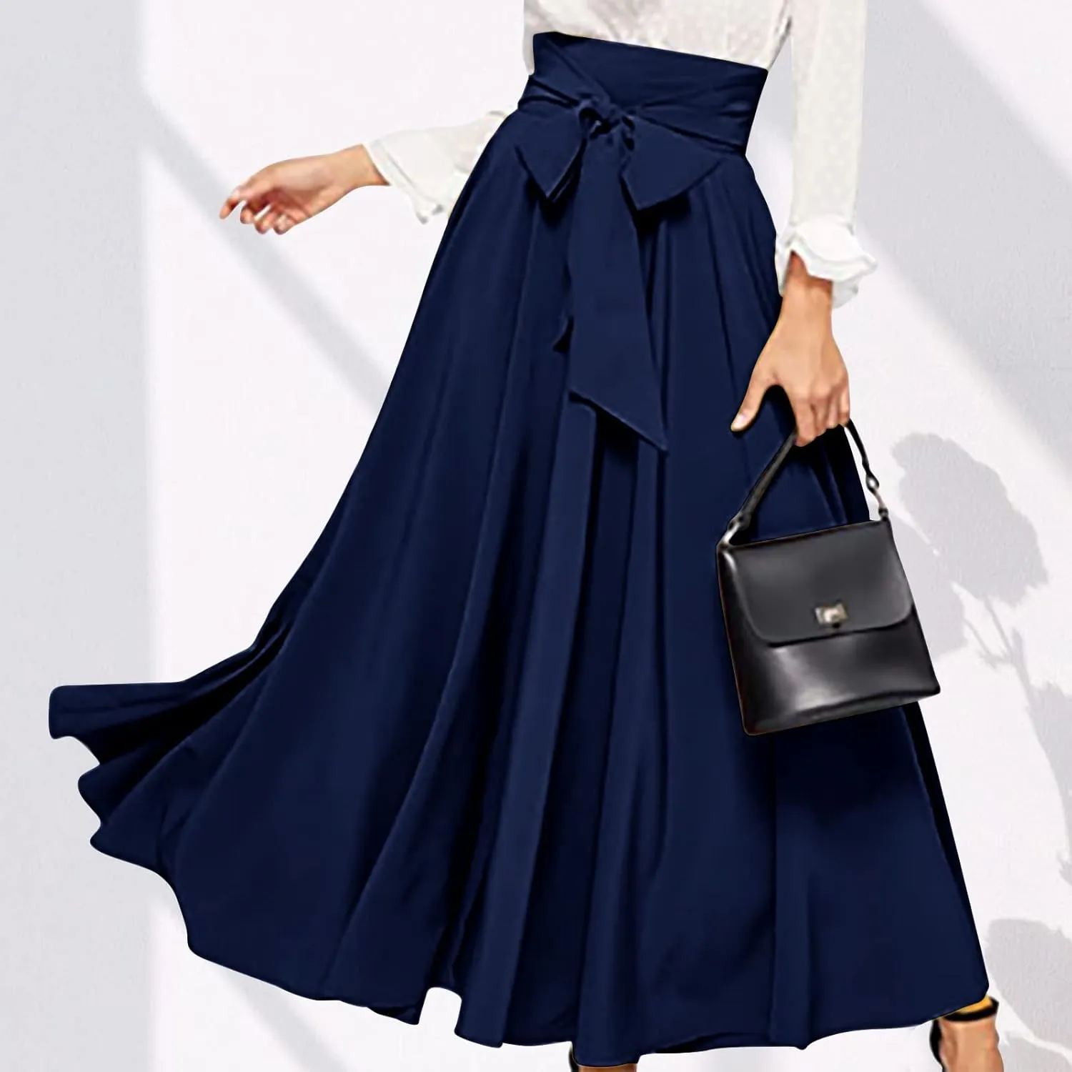 Women Trendy 2024 Bowknot Belt Waist Maxi Skirts Elegant Pleated Wrap Flared Long Swing Skirt Boho Flowy Beach Outfit