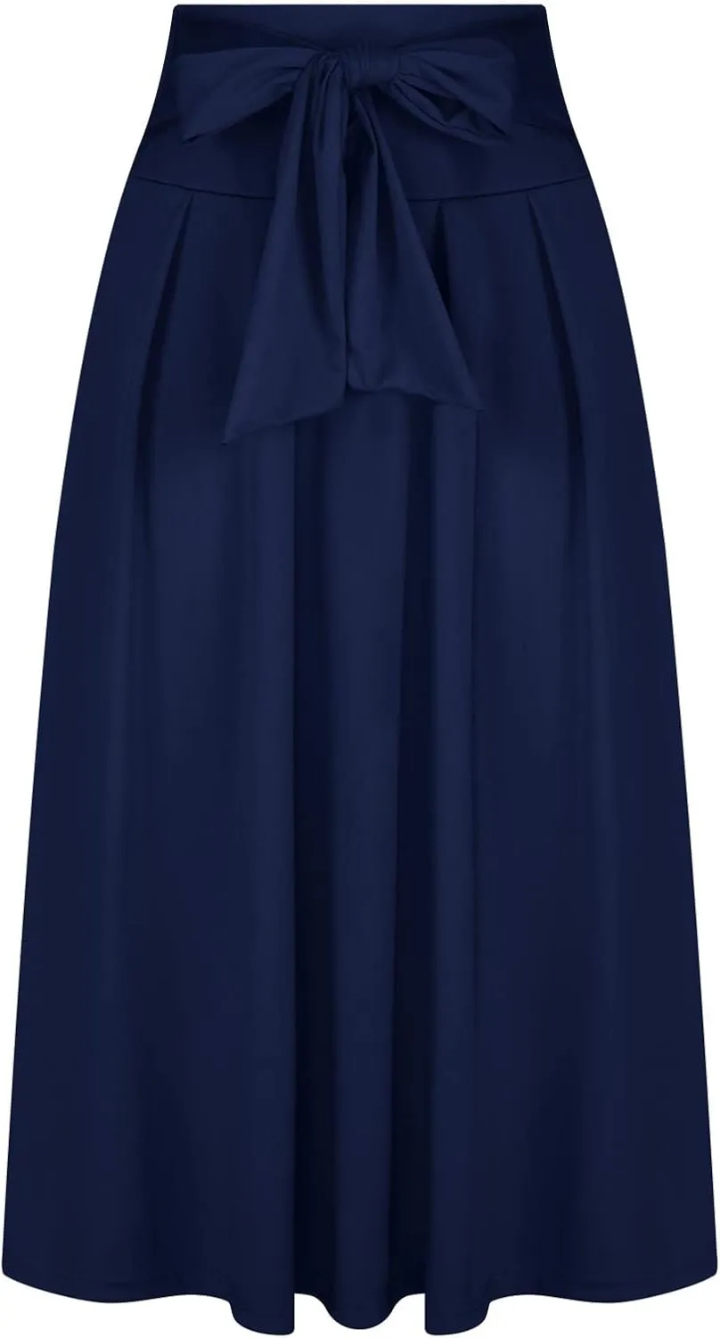 Women Trendy 2024 Bowknot Belt Waist Maxi Skirts Elegant Pleated Wrap Flared Long Swing Skirt Boho Flowy Beach Outfit