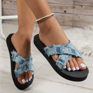 Women's Denim Checkered Fabric Thick-Soled Slippers 17979526C