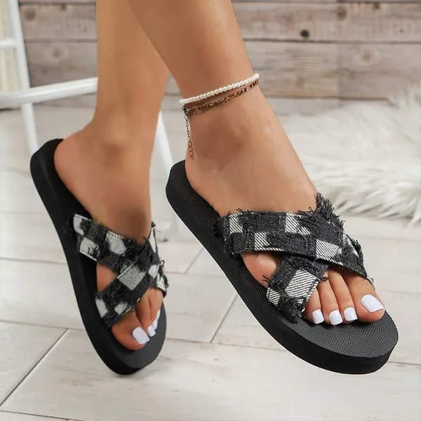 Women's Denim Checkered Fabric Thick-Soled Slippers 17979526C