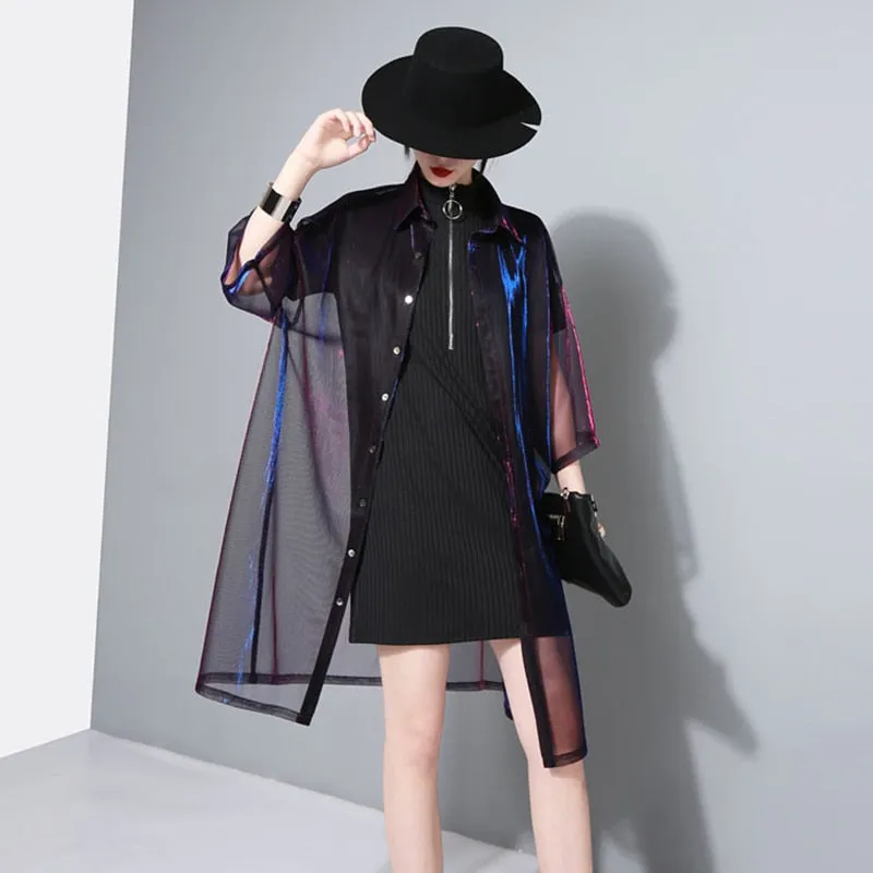 Women's Perspective Three Quarter Sleeves Cardigan With Holographic Colors