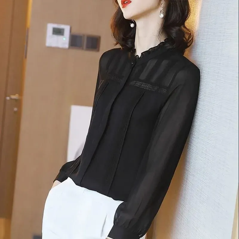Women's Spring Summer Style Lace Blouses Shirt Women's Solid Color O-neck Button Long Sleeve Elegant Lace Casual Tops X4506439