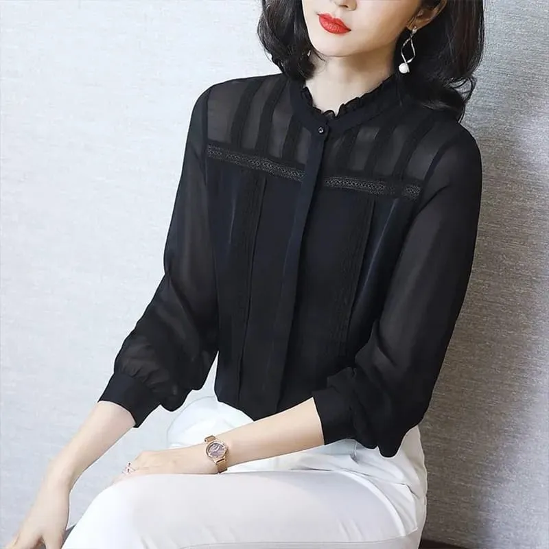 Women's Spring Summer Style Lace Blouses Shirt Women's Solid Color O-neck Button Long Sleeve Elegant Lace Casual Tops X4506439