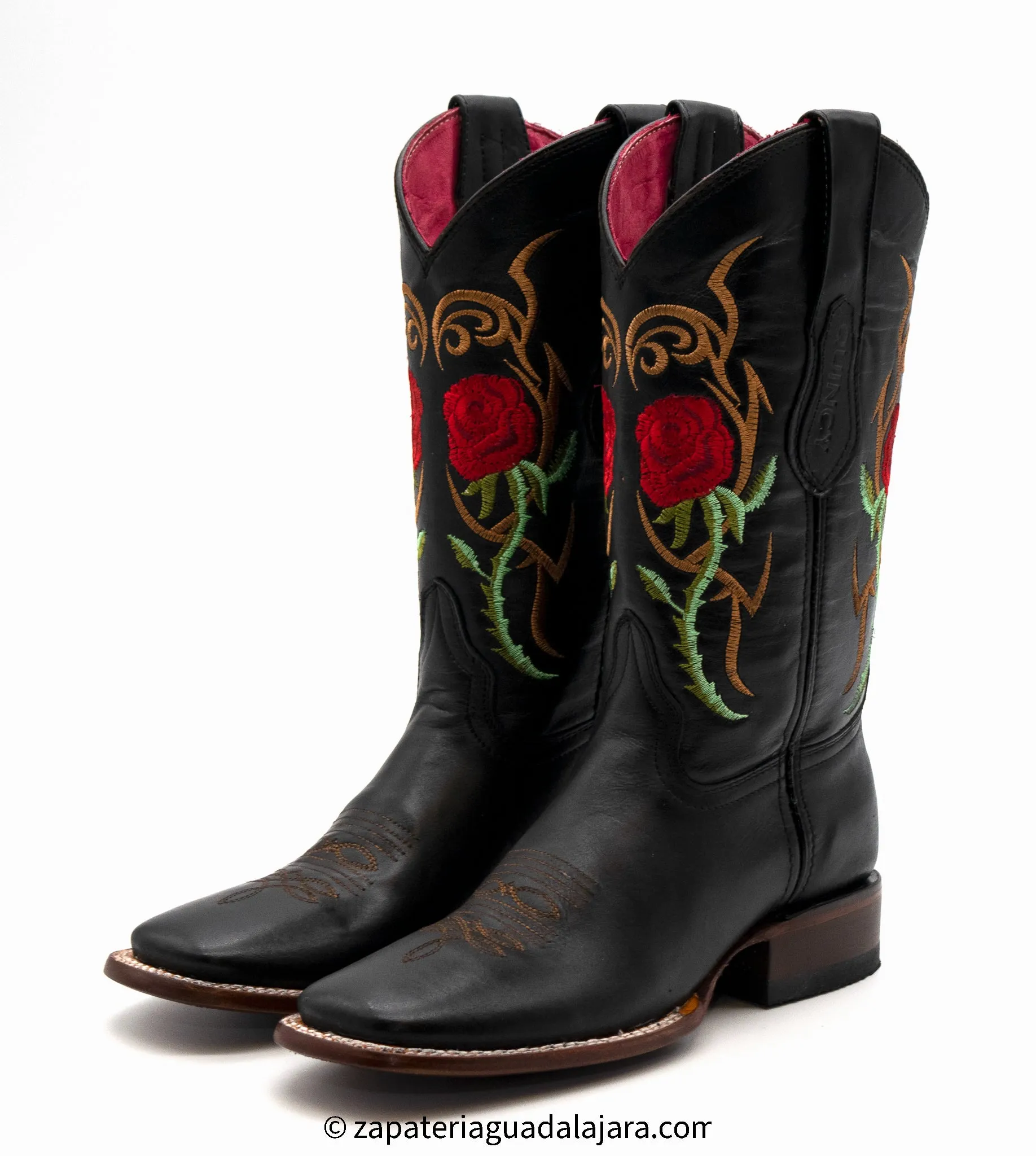 WOMEN'S WIDE SQUARE TOE RED ROSES BLACK LEATHER BOOT -Q322R6205