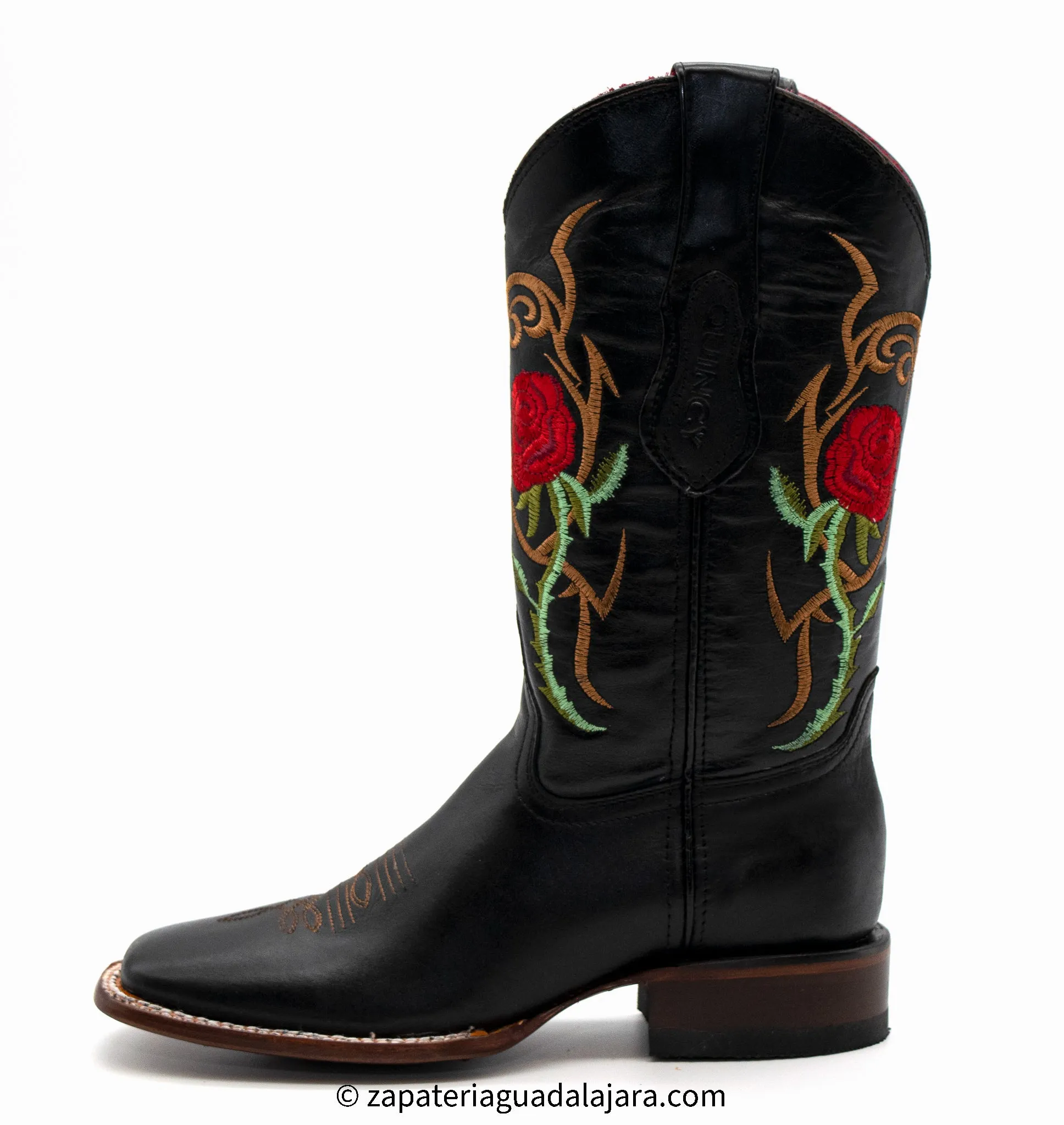WOMEN'S WIDE SQUARE TOE RED ROSES BLACK LEATHER BOOT -Q322R6205