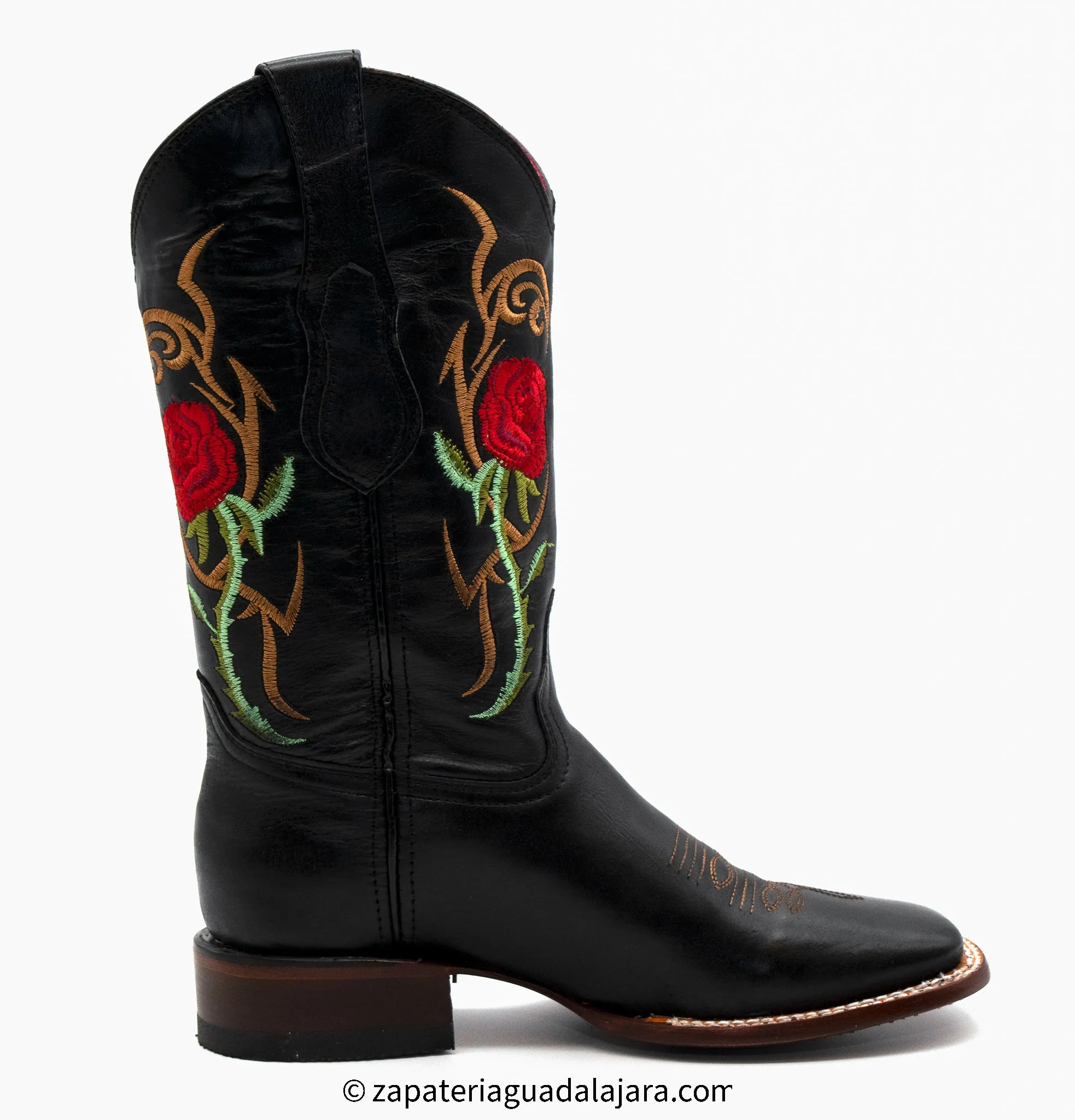 WOMEN'S WIDE SQUARE TOE RED ROSES BLACK LEATHER BOOT -Q322R6205