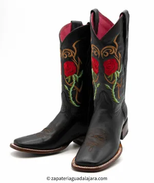 WOMEN'S WIDE SQUARE TOE RED ROSES BLACK LEATHER BOOT -Q322R6205