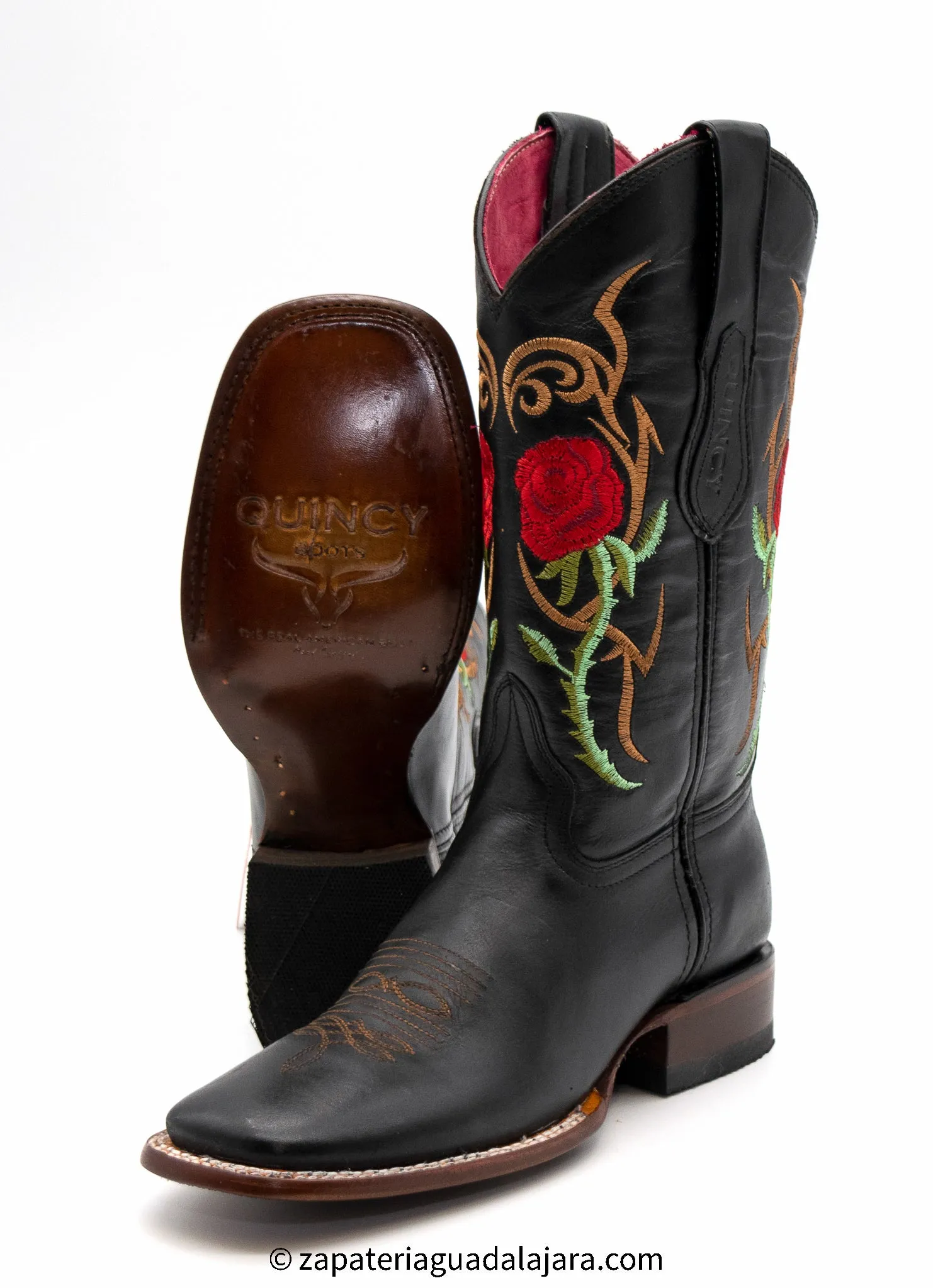 WOMEN'S WIDE SQUARE TOE RED ROSES BLACK LEATHER BOOT -Q322R6205