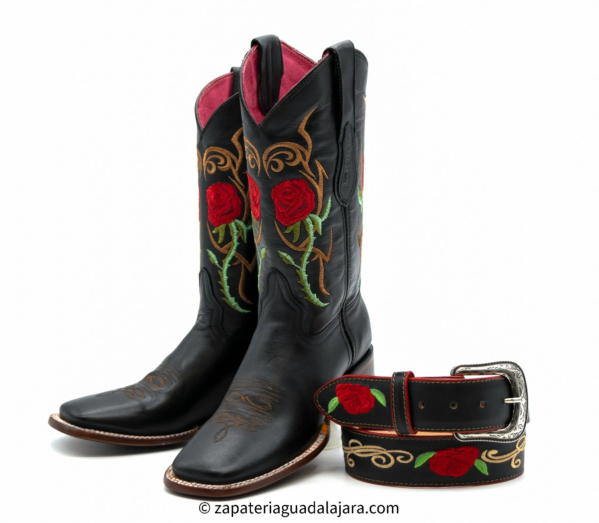 WOMEN'S WIDE SQUARE TOE RED ROSES BLACK LEATHER BOOT -Q322R6205