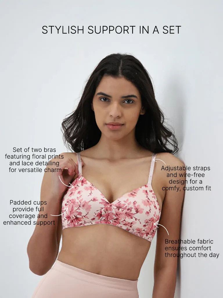 Wunderlove Pink Floral Printed Padded Bra - Pack of 2
